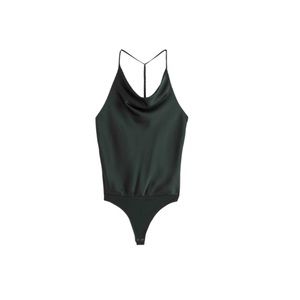 Satin Cowlneck T-Strap Back Bodysuit DARK GREEN
